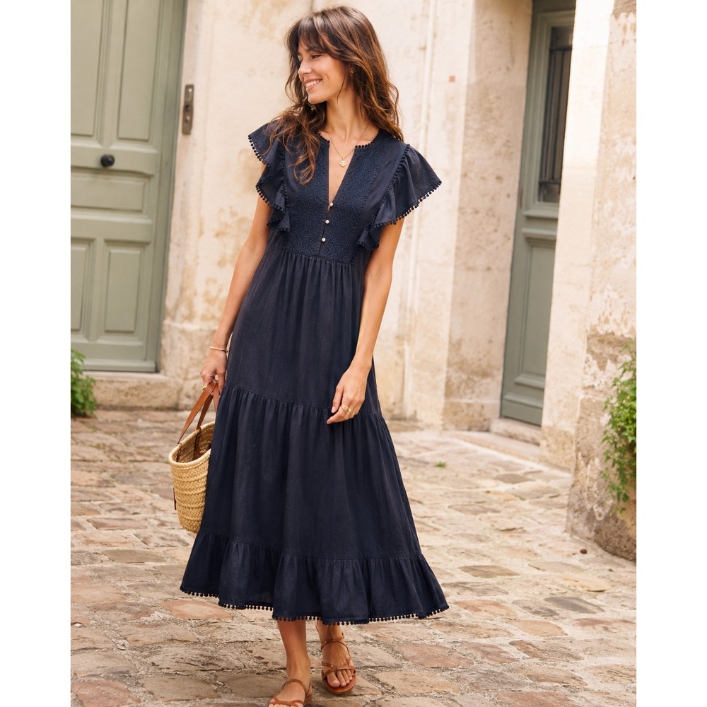 Ruti Black Tiered Midi Dress XS Small Linen Blend Pom Trim Boho Quiet Luxury